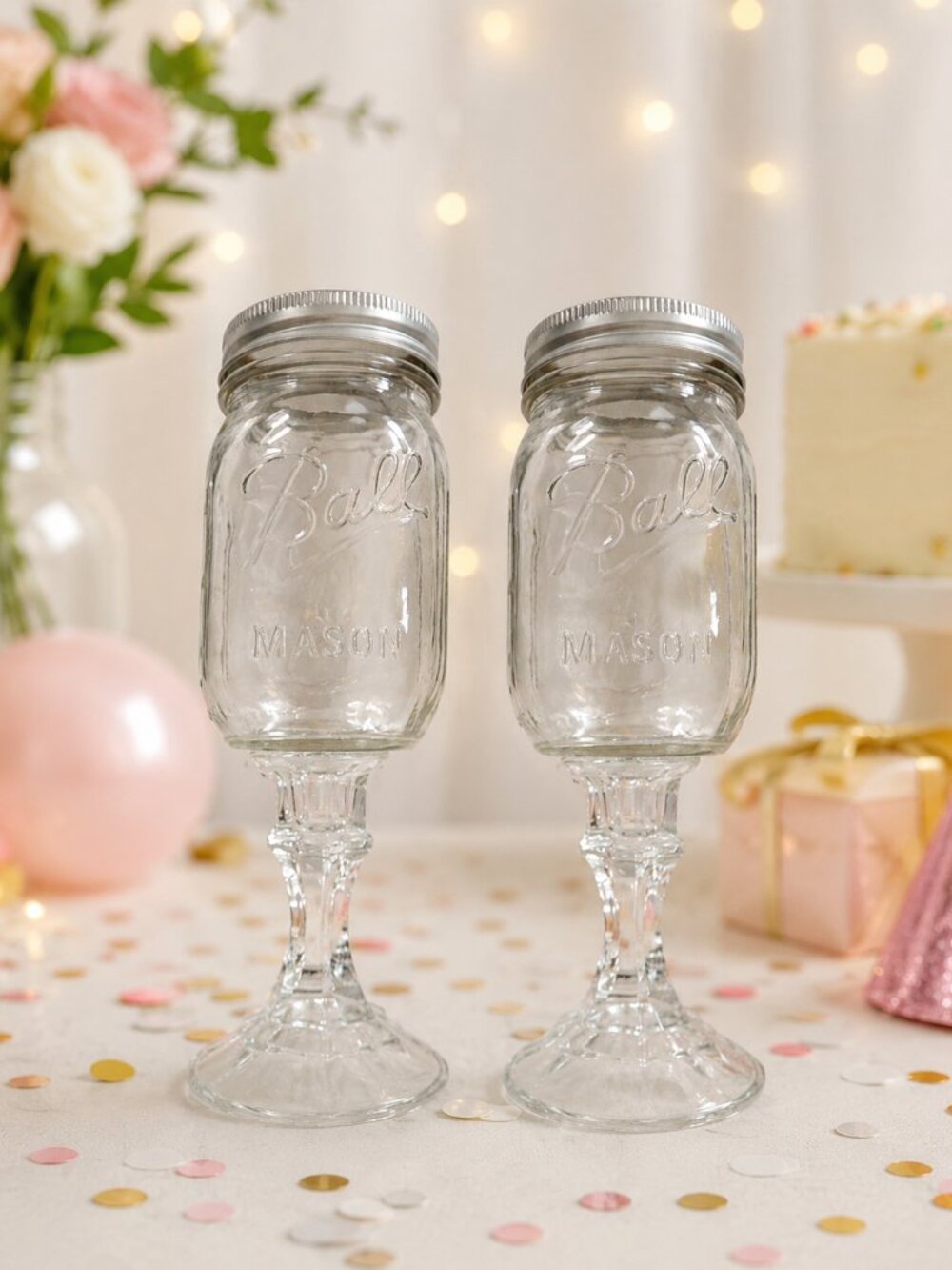 Vintage Ball Mason Jar Clear Glass Country Goblet Redneck Wine Glass 9.25" Lot 2